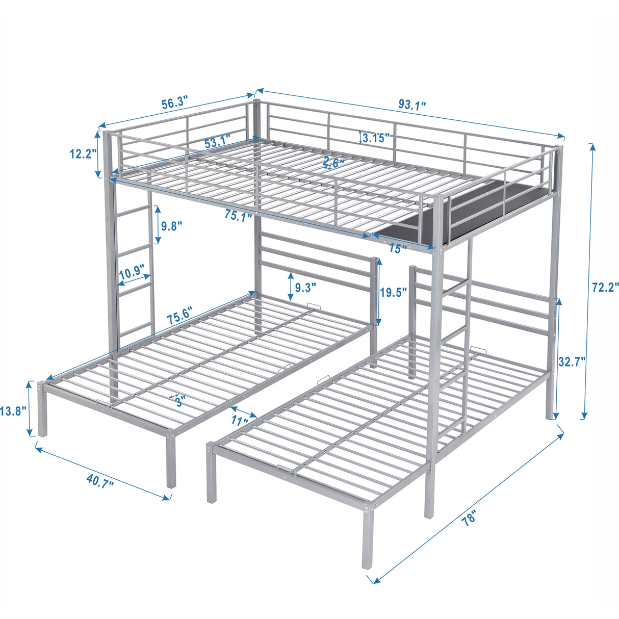 Full over Twin&Twin Size Bunk Bed with Built-in Shelf, Silver - Home Elegance USA