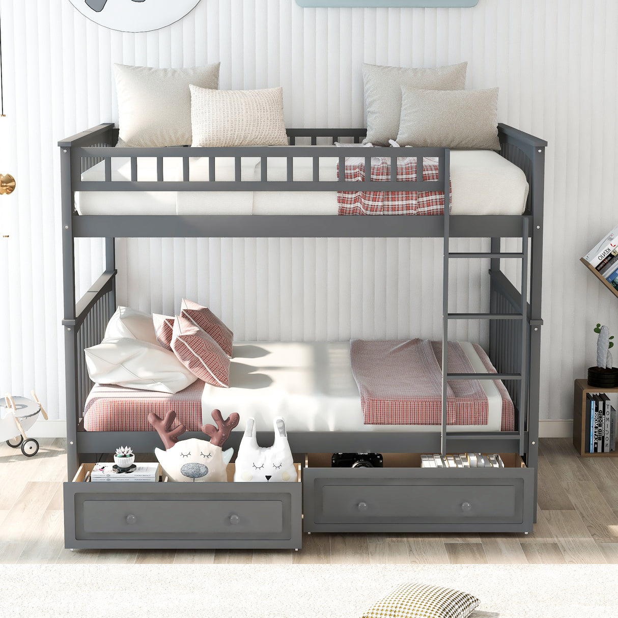 Full over Full Bunk Bed with Drawers, Convertible Beds, Gray(OLD SKU:SM000241AAE) - Home Elegance USA