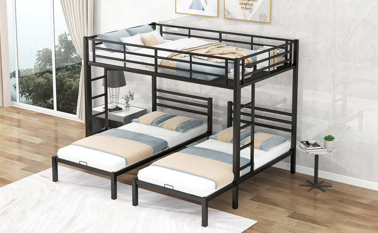 Full over Twin&Twin Size Bunk Bed with Built-in Shelf, Black - Home Elegance USA