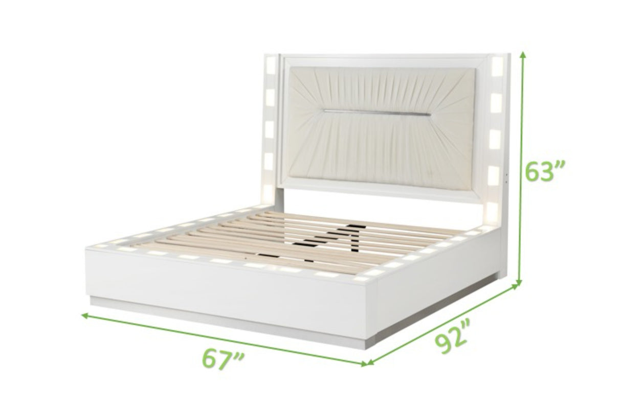 Coco LED Queen Size Bed Made with Wood in Milky White Color - Home Elegance USA