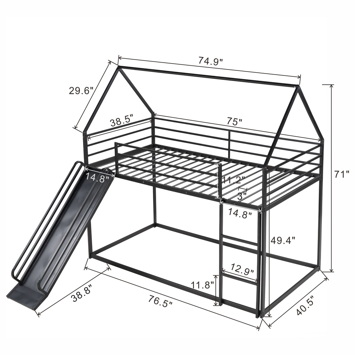 Twin over Twin House Bunk Bed with Ladder and Slide,Black - Home Elegance USA