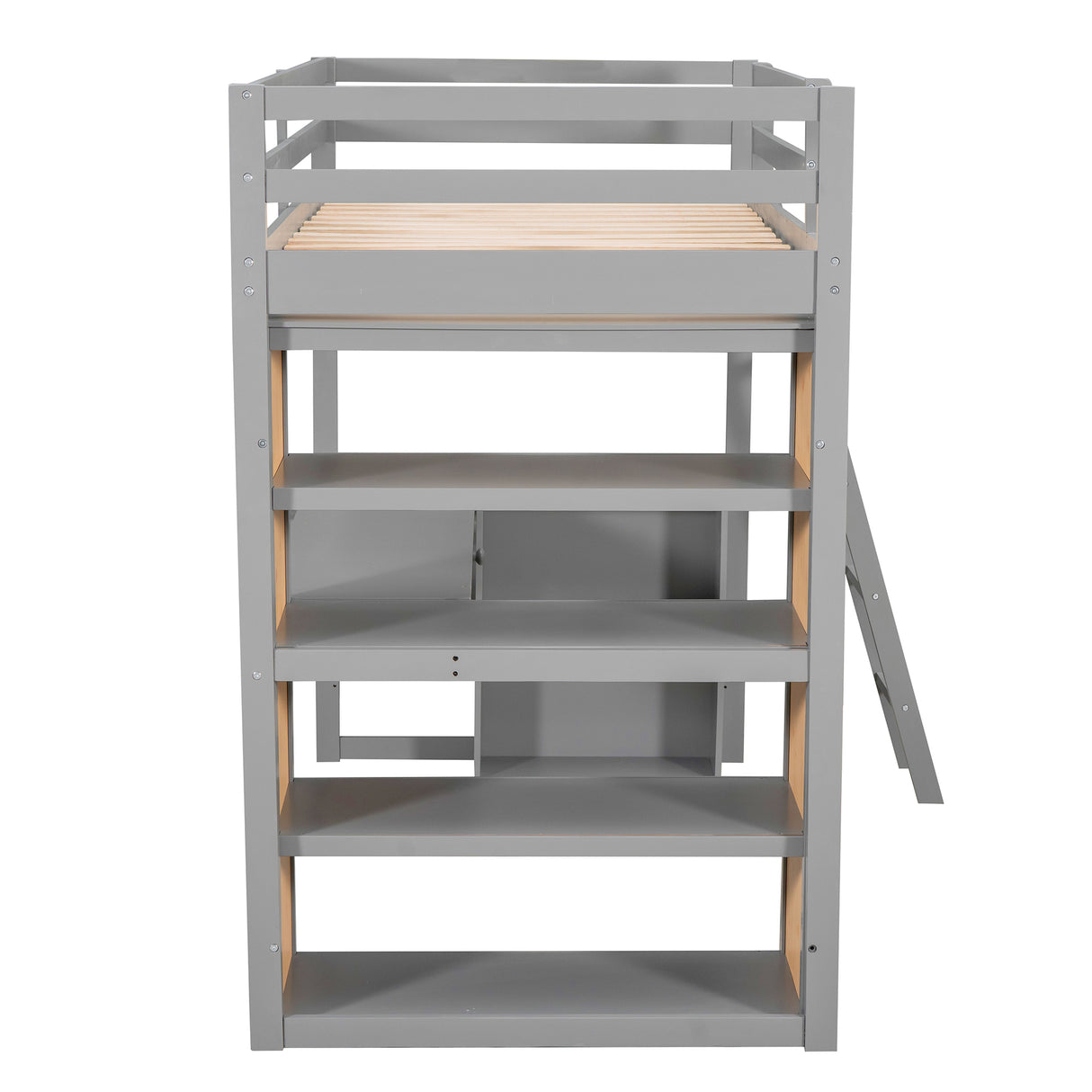 Twin Size Loft Bed with Ladder, Shelves, and Desk, Gray - Home Elegance USA