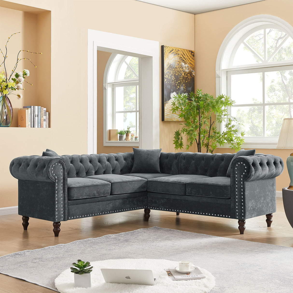 MH 80" Deep Button Tufted Upholstered Roll Arm Luxury Classic Chesterfield L-shaped Sofa 3 Pillows Included, Solid Wood Gourd Legs, Grey velvet - Home Elegance USA