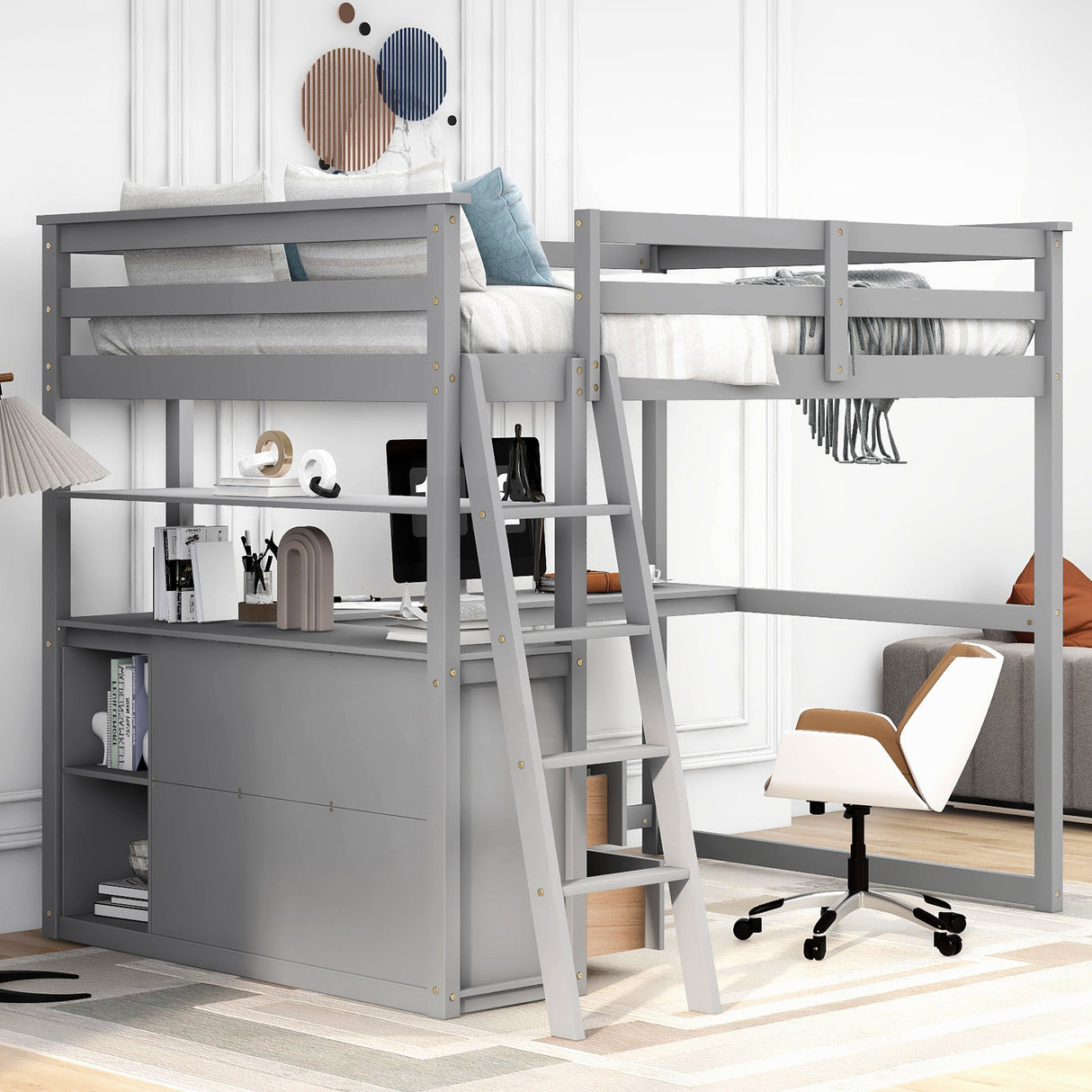 Full Size Loft Bed with Desk and Shelves,Two Built-in Drawers,Gray - Home Elegance USA