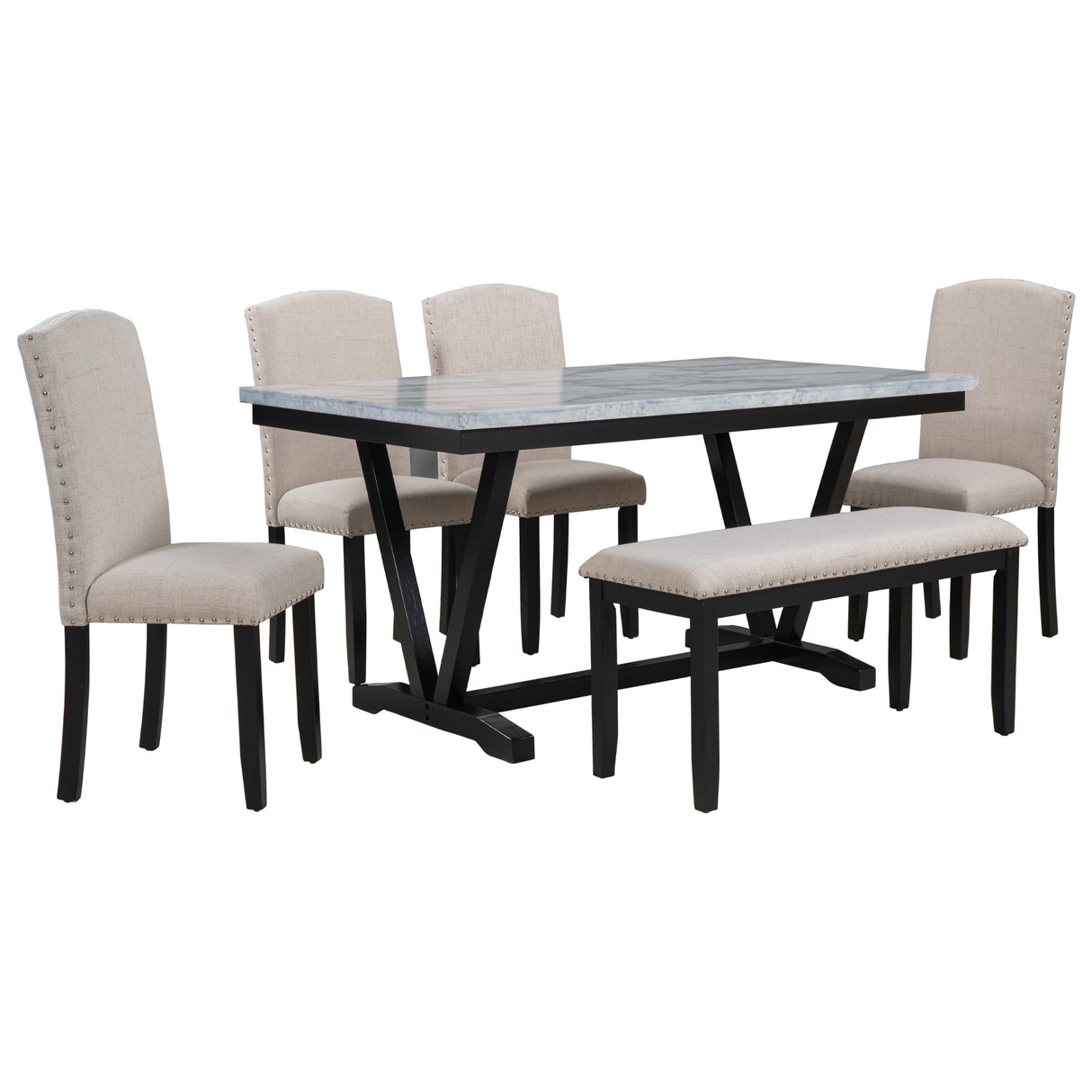 TREXM Modern Style 6-piece Dining Table with 4 Chairs & 1 Bench, Table with Marbled Veneers Tabletop and V-shaped Table Legs (White) - Home Elegance USA