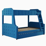 Twin over Full Upholstered Bunk Bed with Trundle and Ladder,Tufted Button Design,Blue - Home Elegance USA