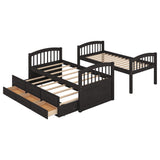 Twin over Twin Wood Bunk Bed with Trundle and Drawers, Espresso - Home Elegance USA