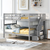 Stairway Full-Over-Full Bunk Bed with Storage and Guard Rail for Bedroom, Dorm, Gray(OLD SKU:LP000110AAE) - Home Elegance USA