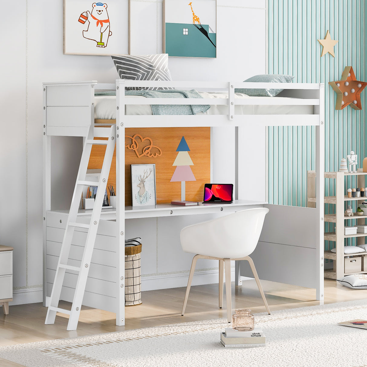 Twin size Loft Bed with Desk and Writing Board, Wooden Loft Bed with Desk - White - Home Elegance USA