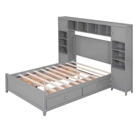 Full Size Wooden Bed With All-in-One Cabinet and Shelf, Gray - Home Elegance USA