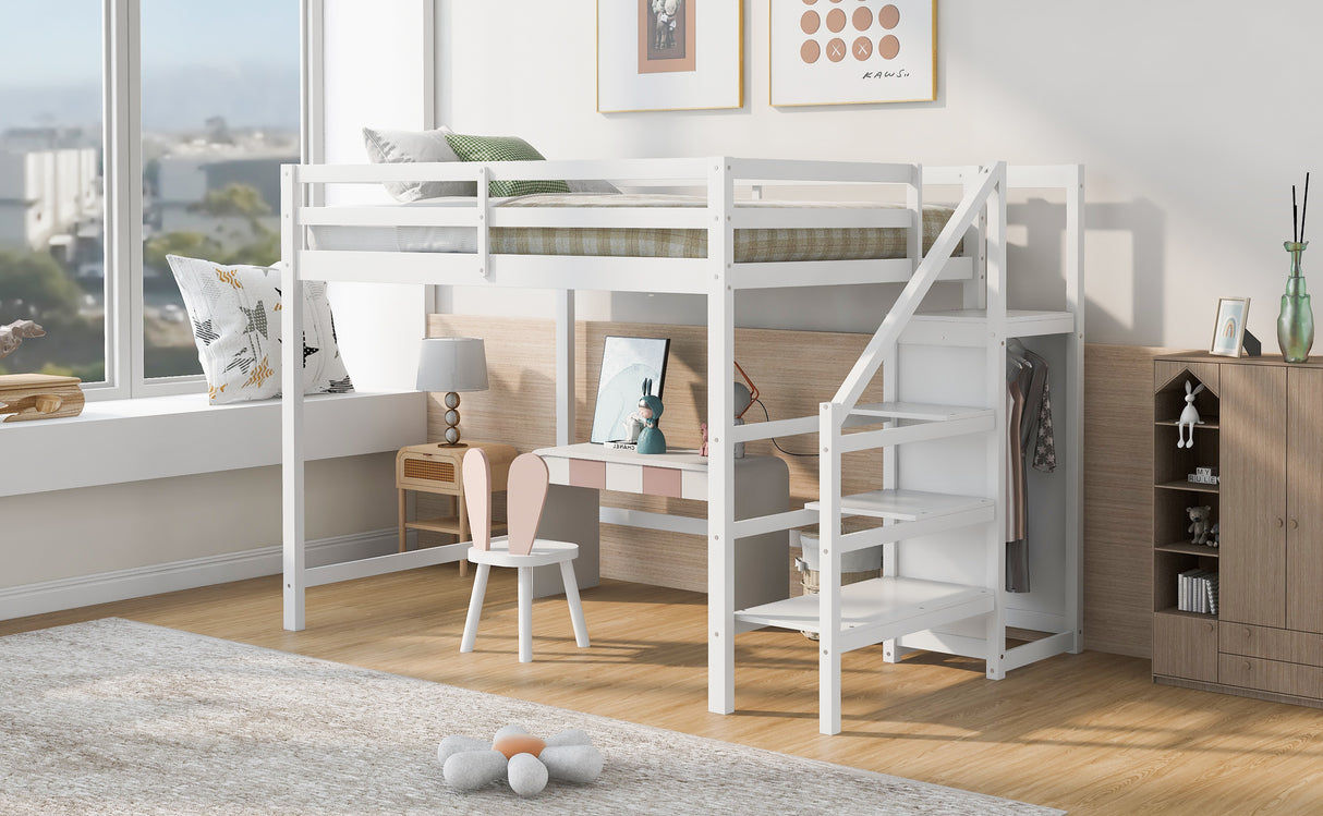 Full Size Loft Bed with Built-in Storage Wardrobe and Staircase,White - Home Elegance USA