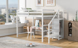 Full Size Loft Bed with Built-in Storage Wardrobe and Staircase,White - Home Elegance USA