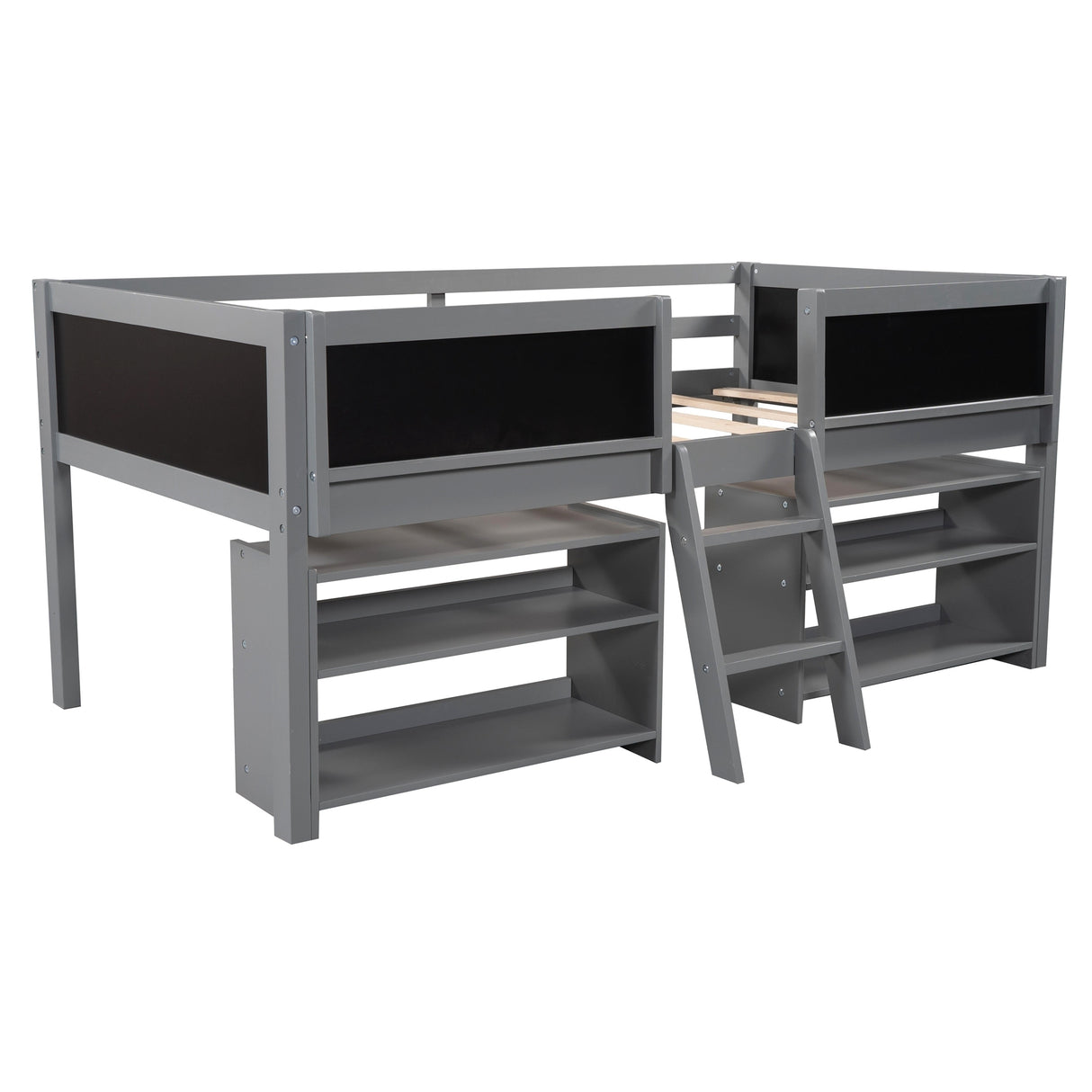 Twin Size Low Loft Bed with Two Movable Shelves and Ladder,with Decorative Guardrail Chalkboard,Gray - Home Elegance USA