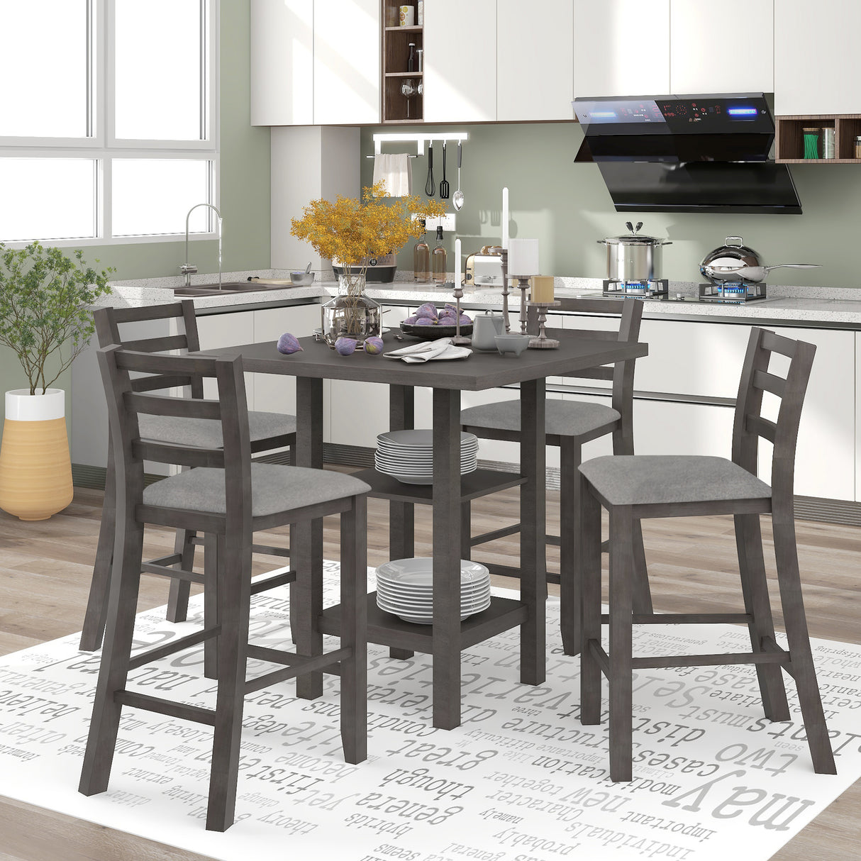 TREXM 5-Piece Wooden Counter Height Dining Set with Padded Chairs and Storage Shelving (Gray) - Home Elegance USA