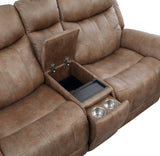 Transitional Console Loveseat - Warm Camel Faux-Suede, Power Footrest, Power Headrest - Concealed Cupholders, Built-In Console Home Elegance USA