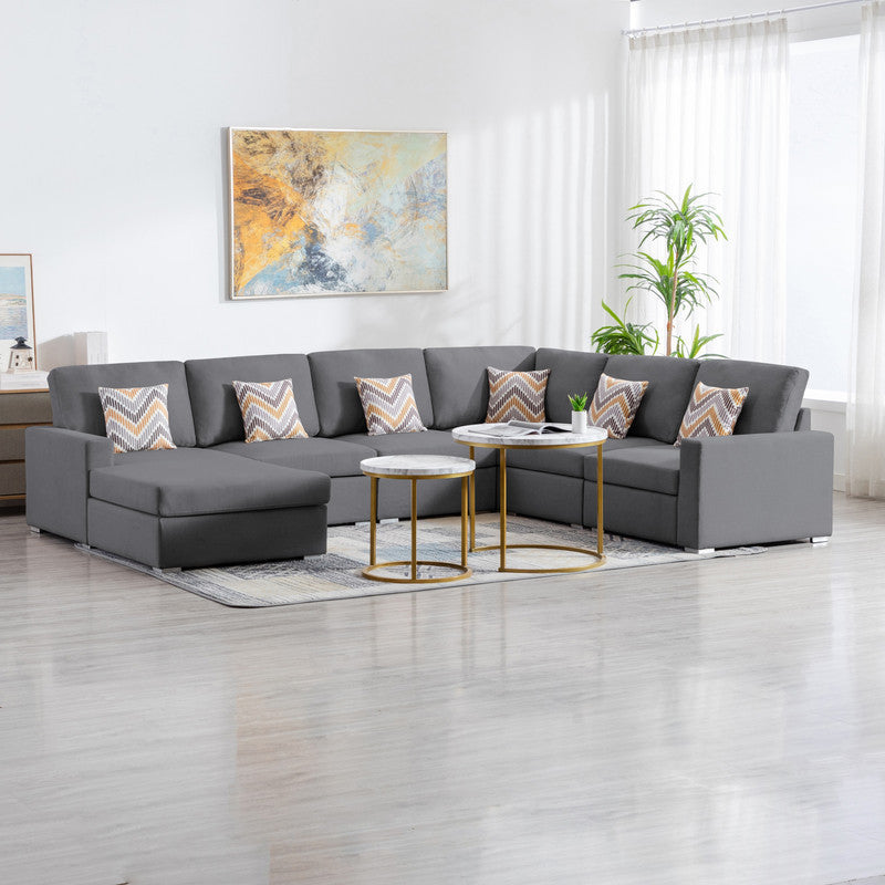 Nolan Gray Linen Fabric 6Pc Reversible Chaise Sectional Sofa with Pillows and Interchangeable Legs - Home Elegance USA