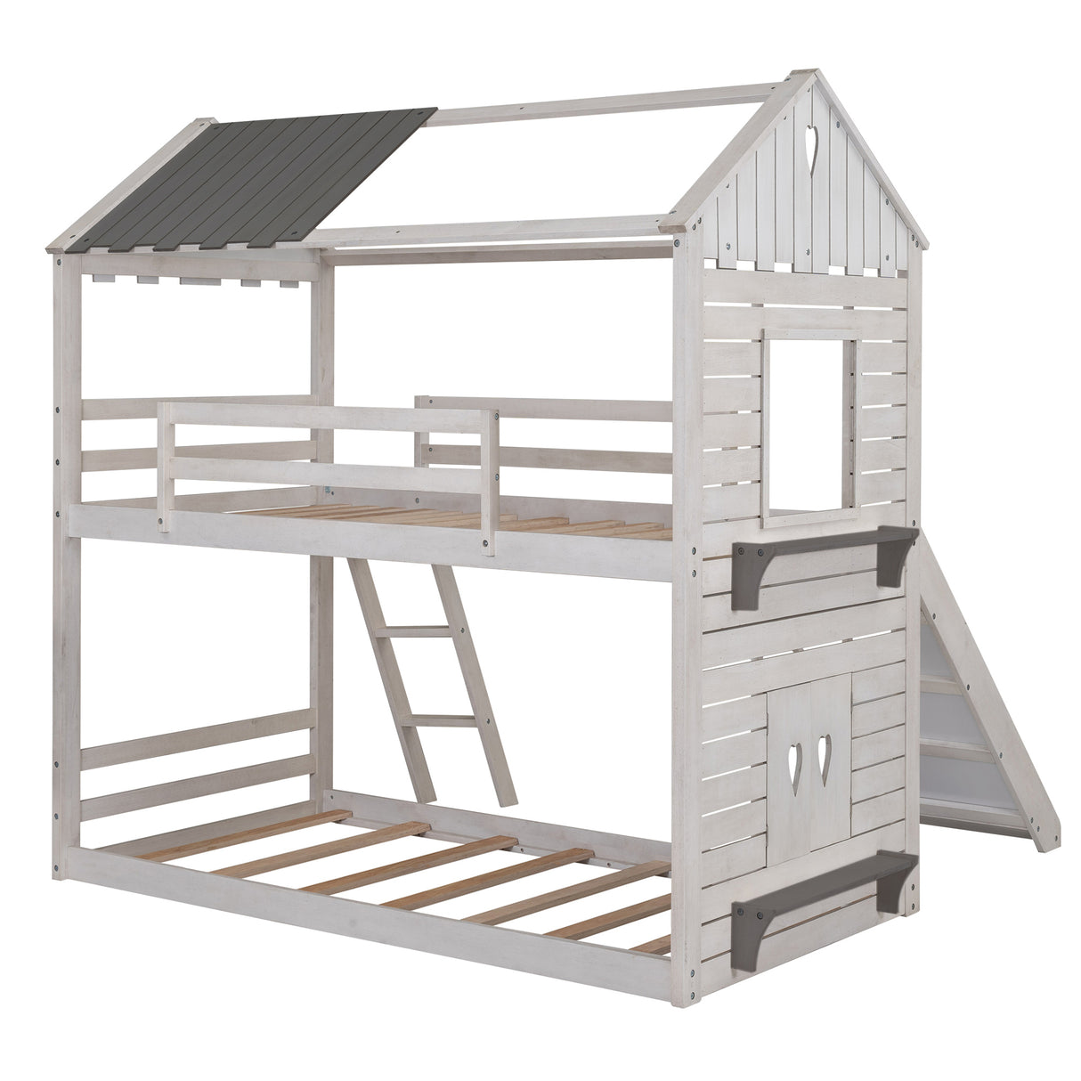 Twin Over Twin Bunk Bed Wood Bed with Roof, Window, Slide, Ladder ,Antique White(OLD SKU:LP000059AAK) - Home Elegance USA