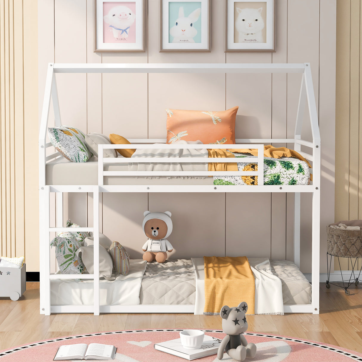 Twin over Twin House Bunk Bed with Built-in Ladder,White - Home Elegance USA
