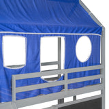 Twin over Twin House Bunk Bed with Blue Tent, Slide, Shelves and Blackboard, Gray - Home Elegance USA