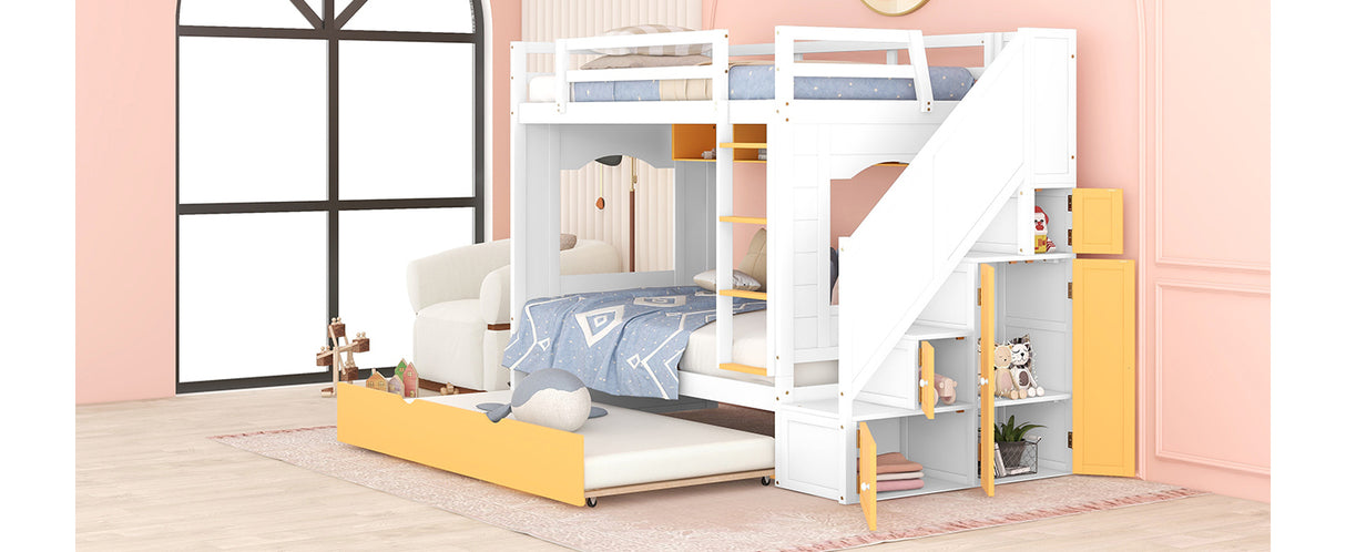 Twin Over Twin Bunk Bed with Trundle ,Stairs,Ladders Solid Wood Bunk bed with Storage Cabinet （White + Yellow） - Home Elegance USA