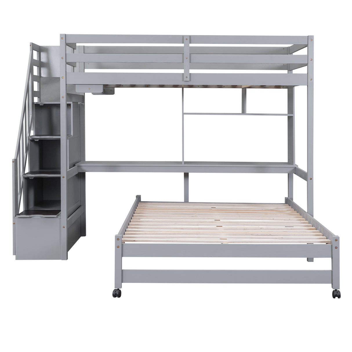 Twin over Full Bunk Bed with Storage Staircase, Desk, Shelves and Hanger for Clothes, Gray - Home Elegance USA