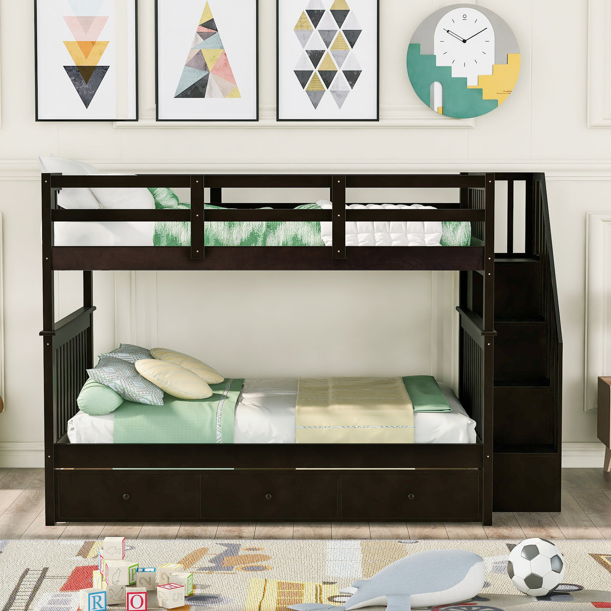 Stairway Full-Over-Full Bunk Bed with Drawer, Storage and Guard Rail for Bedroom, Espresso color( old sku: LP000310AAP ) - Home Elegance USA