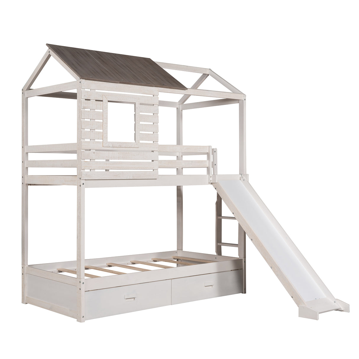 Twin Over Twin Bunk Bed with Two Storage Drawers and Slide, House-Shaped Wood Bunk Bed, Antique White (OLD SKU:LP000089AAK) - Home Elegance USA