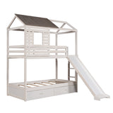 Twin Over Twin Bunk Bed with Two Storage Drawers and Slide, House-Shaped Wood Bunk Bed, Antique White (OLD SKU:LP000089AAK) - Home Elegance USA