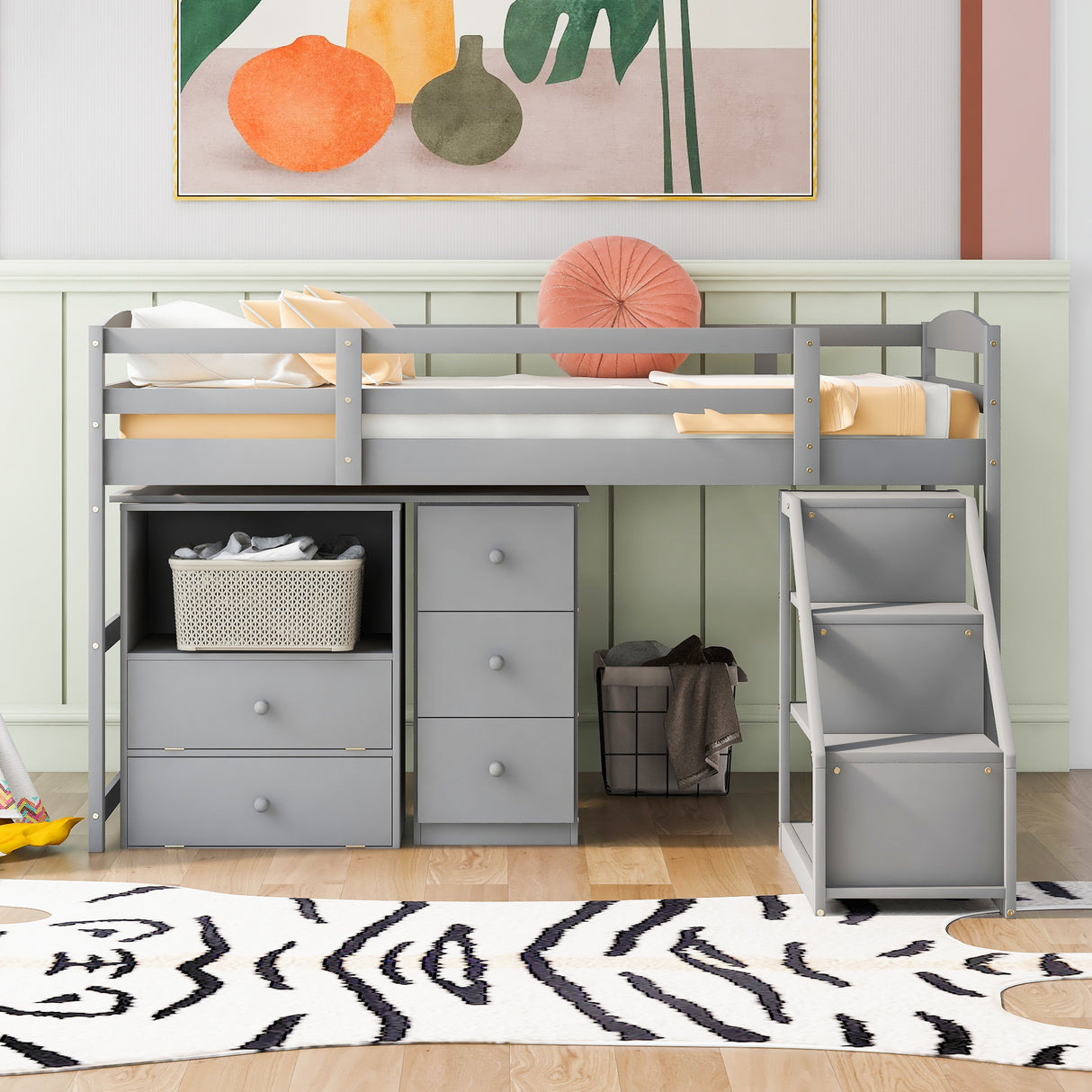 Twin Size Loft Bed with Multifunctional Movable Built-in Desk and and Staircase,Gray(OLD SKU:GX000925AAK) - Home Elegance USA