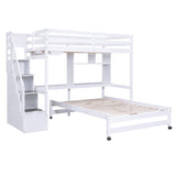 Twin over Full Bunk Bed with Storage Staircase, Desk, Shelves and Hanger for Clothes, White - Home Elegance USA