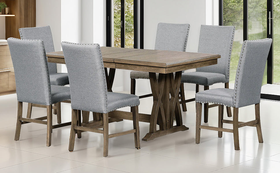 TOPMAX Mid-Century Solid Wood 7-Piece Dining Table Set Extendable Kitchen Table Set with Upholstered Chairs and 12" Leaf for 6, Golden Brown+Gray Cushion - Home Elegance USA