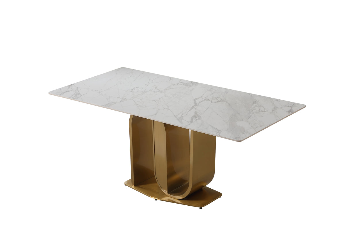 71" Contemporary Dining Table  Sintered Stone  U shape Pedestal Base in Gold finish with 6 pcs Chairs . - Home Elegance USA