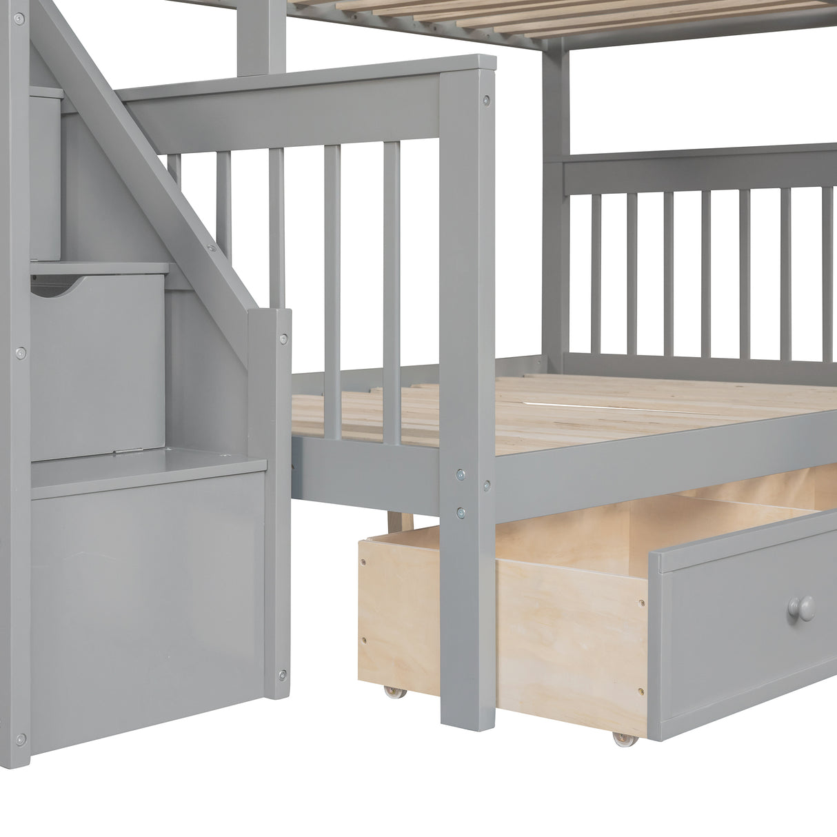 Twin over Full L-Shaped Bunk Bed With 3 Drawers, Ladder and Staircase - Gray - Home Elegance USA