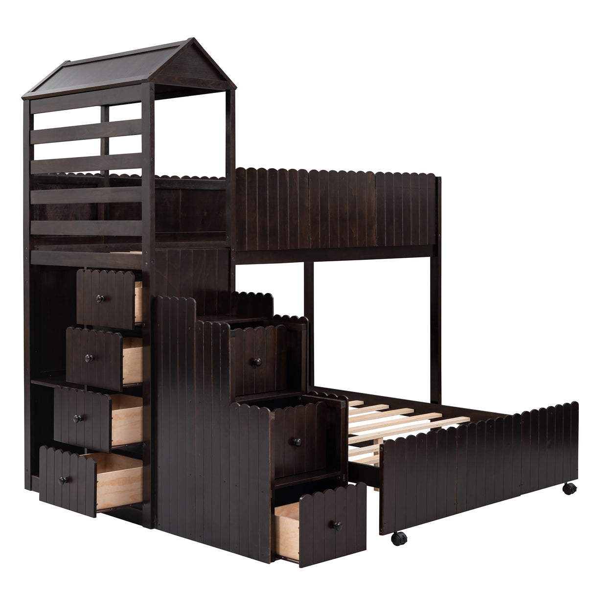 Stairway Twin Over Full Bunk Bed, House Bed with Two Shelves and Seven Drawers,Espresso - Home Elegance USA