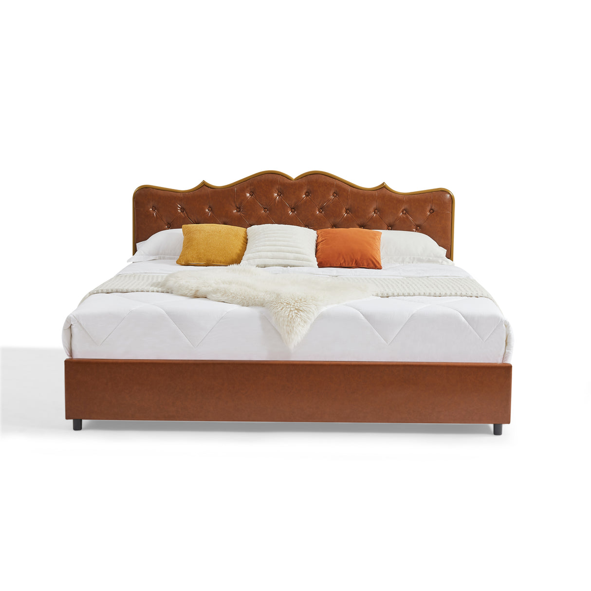 Coffee King-size bed, Classic buckle backrest, metal frame, solid wood ribs, with four storage drawers, sponge soft bag, comfortable and elegant atmosphere. - Home Elegance USA