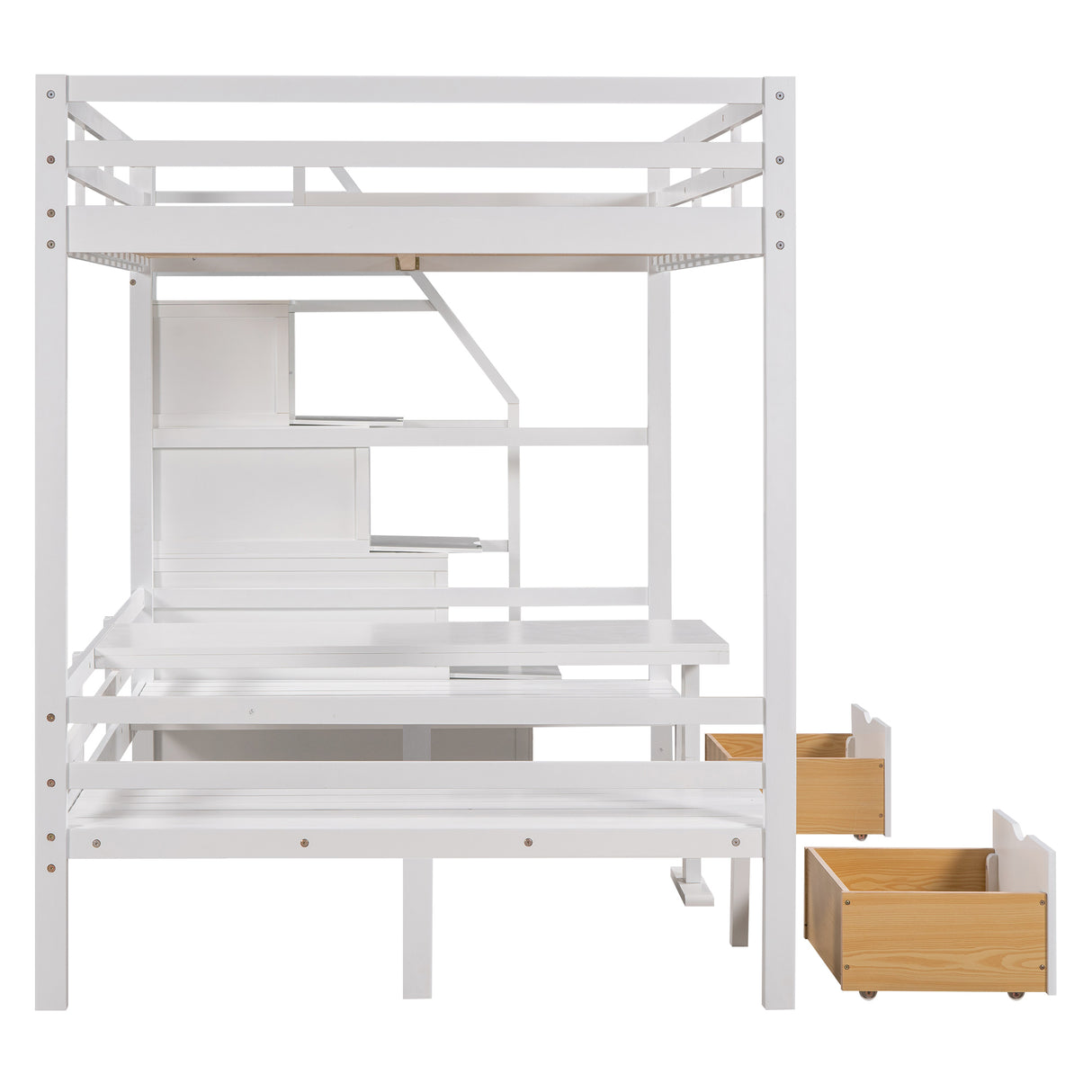 Full over Full Size Bunk Bed with staircase,the Down Bed can be Convertible to Seats and Table Set,White - Home Elegance USA