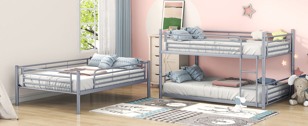 Full-Full-Full Metal  Triple Bed  with Built-in Ladder, Divided into Three Separate Beds,Gray - Home Elegance USA