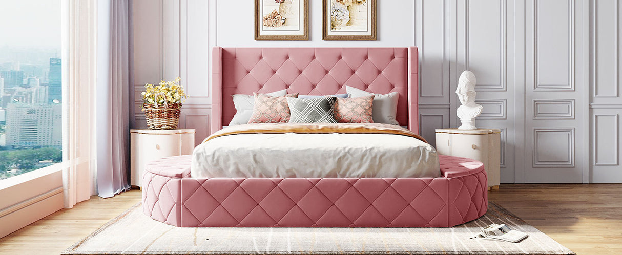 Upholstered Platform Bed Queen Size Storage Velvet Bed with Wingback Headboard and 1 Big Drawer,2 Side Storage Stool(Pink) - Home Elegance USA