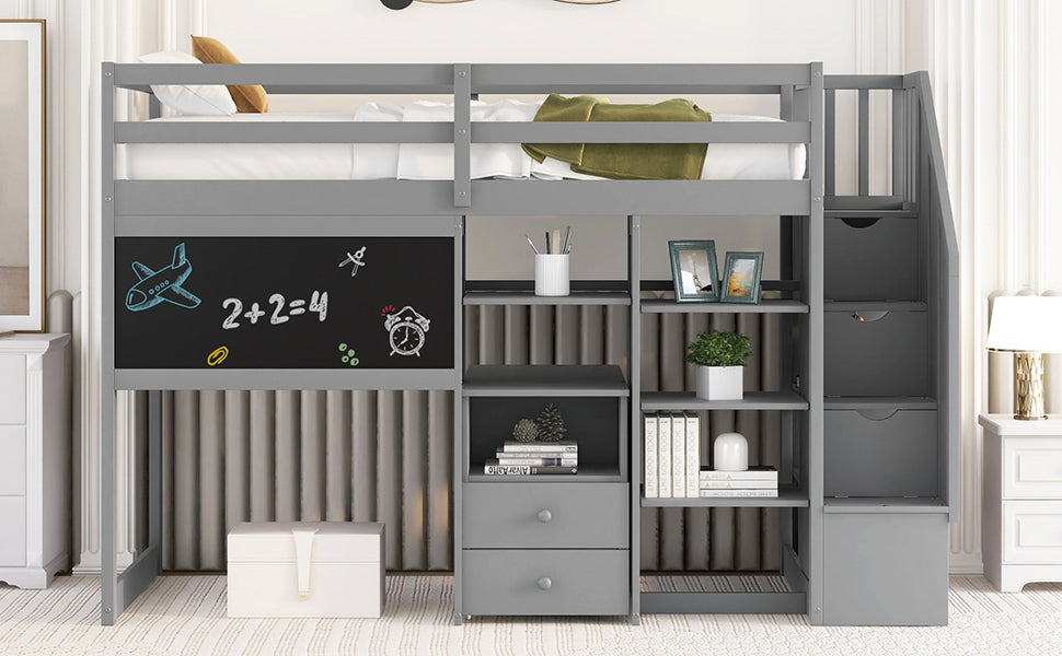 Twin Size Loft Bed with Pullable Desk and Storage Shelves,Staircase and Blackboard,Gray - Home Elegance USA