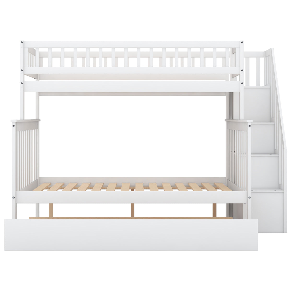 Twin over Full Bunk Bed with Trundle and Staircase,White - Home Elegance USA