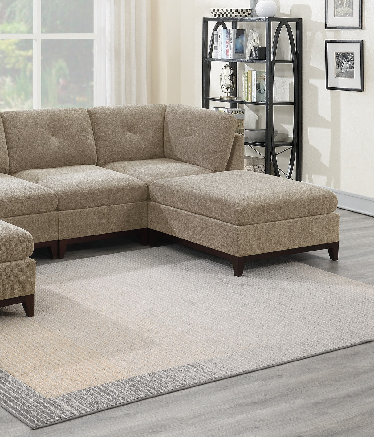 Camel Chenille Fabric Modular Sectional 6pc Set Living Room Furniture U - Sectional Couch 2x Corner Wedge 2x Armless Chairs and 2x Ottomans Tufted Back Exposed Wooden Base | Home Elegance USA