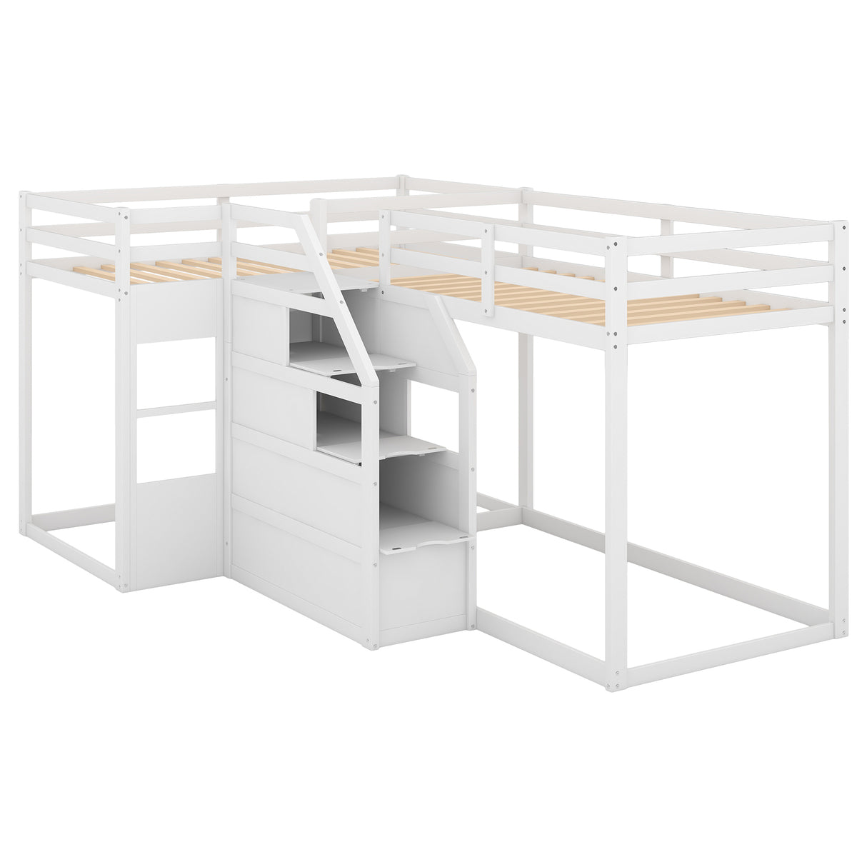 Twin over Twin L-Shaped Bunk Bed with Built-in Middle Staircase,White - Home Elegance USA