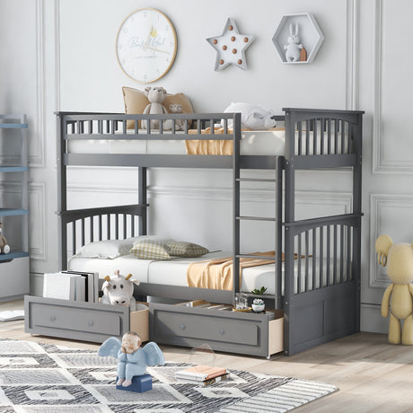 Twin over Twin Bunk Bed with Drawers, Convertible Beds, Gray - Home Elegance USA