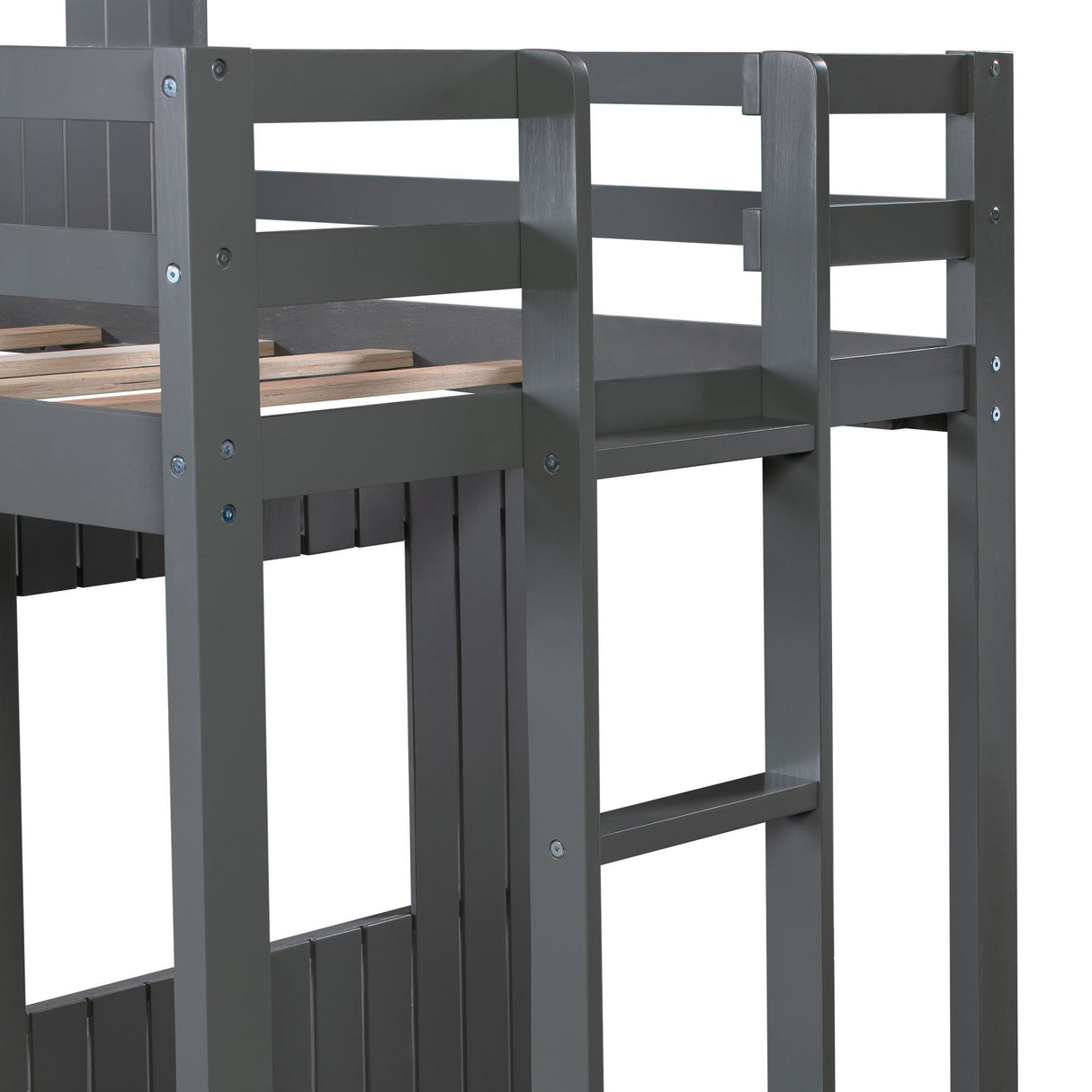 Wooden Twin Over Full Bunk Bed, Loft Bed with Playhouse, Farmhouse, Ladder and Guardrails , Gray( old sku: LP000027AAN ) - Home Elegance USA