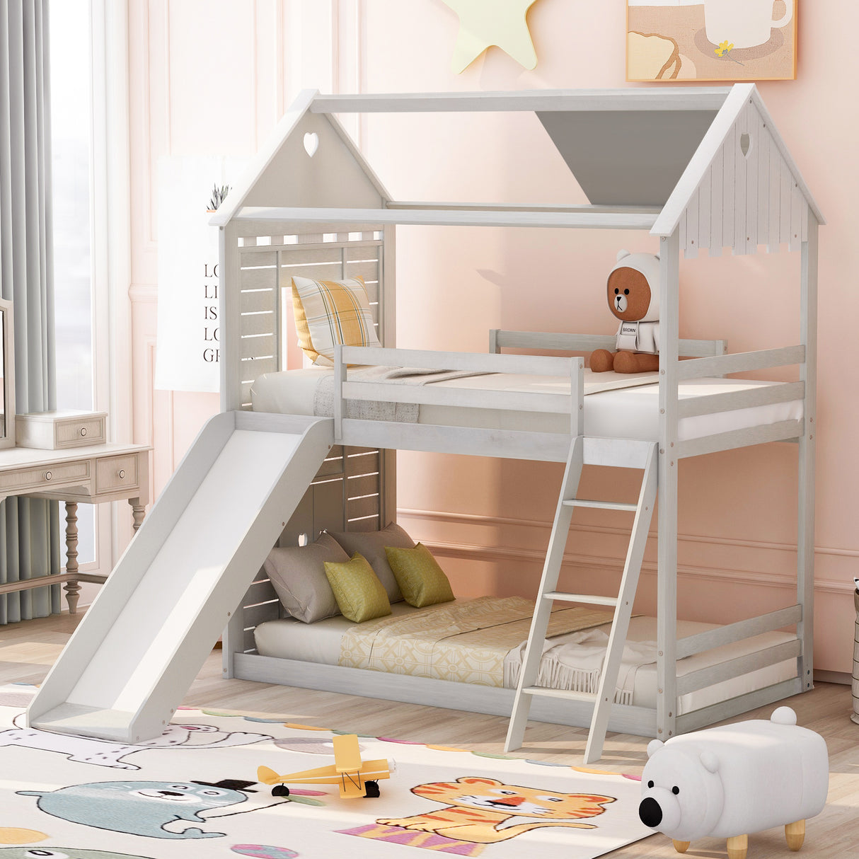 Twin Over Twin Bunk Bed Wood Bed with Roof, Window, Slide, Ladder ,Antique White(OLD SKU:LP000059AAK) - Home Elegance USA