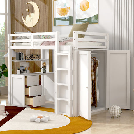 Twin size Loft Bed with Drawers,Desk,and Wardrobe-White - Home Elegance USA