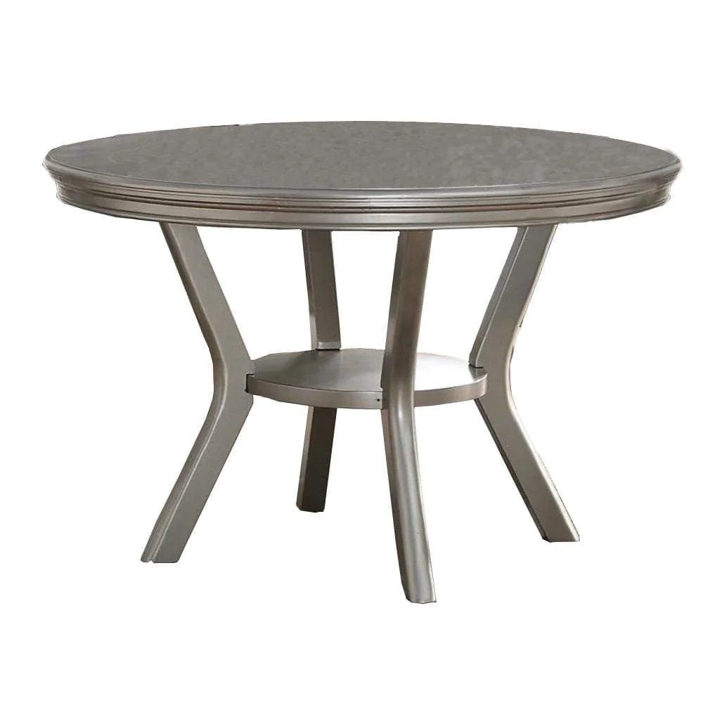 Formal Traditional Dining Table Round Table Silver Hue 5pc Dining Table w Shelf 4x Side Chairs Tufted Back Dining Room Furniture - Home Elegance USA