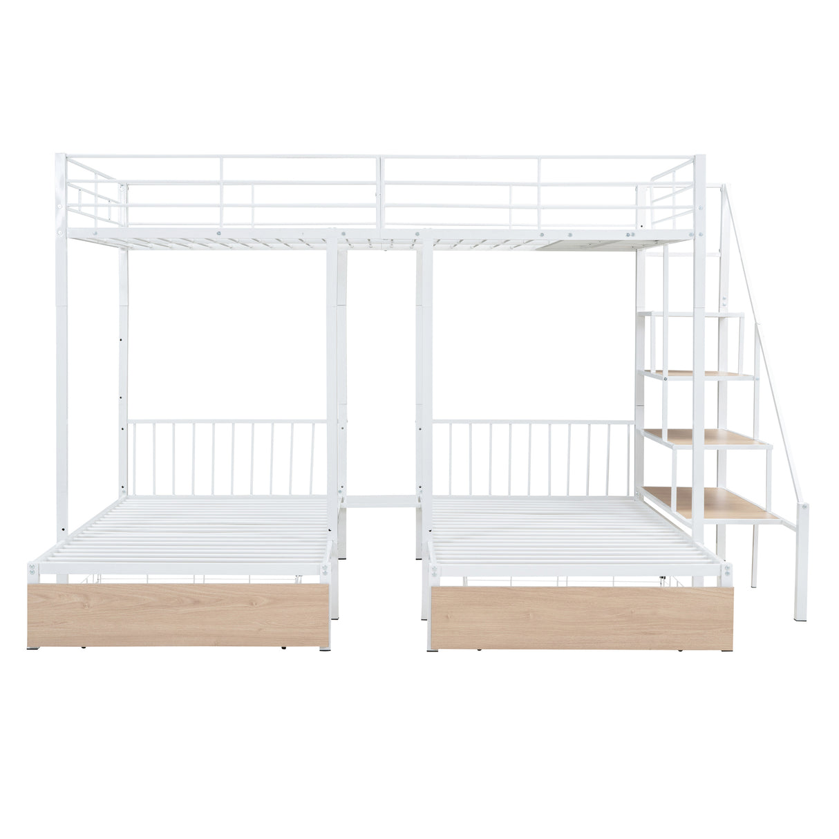 Full over Twin-Twin Triple bunk bed with drawers and staircase, White