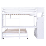 Twin over Full Bunk Bed with Storage Staircase, Desk, Shelves and Hanger for Clothes, White - Home Elegance USA