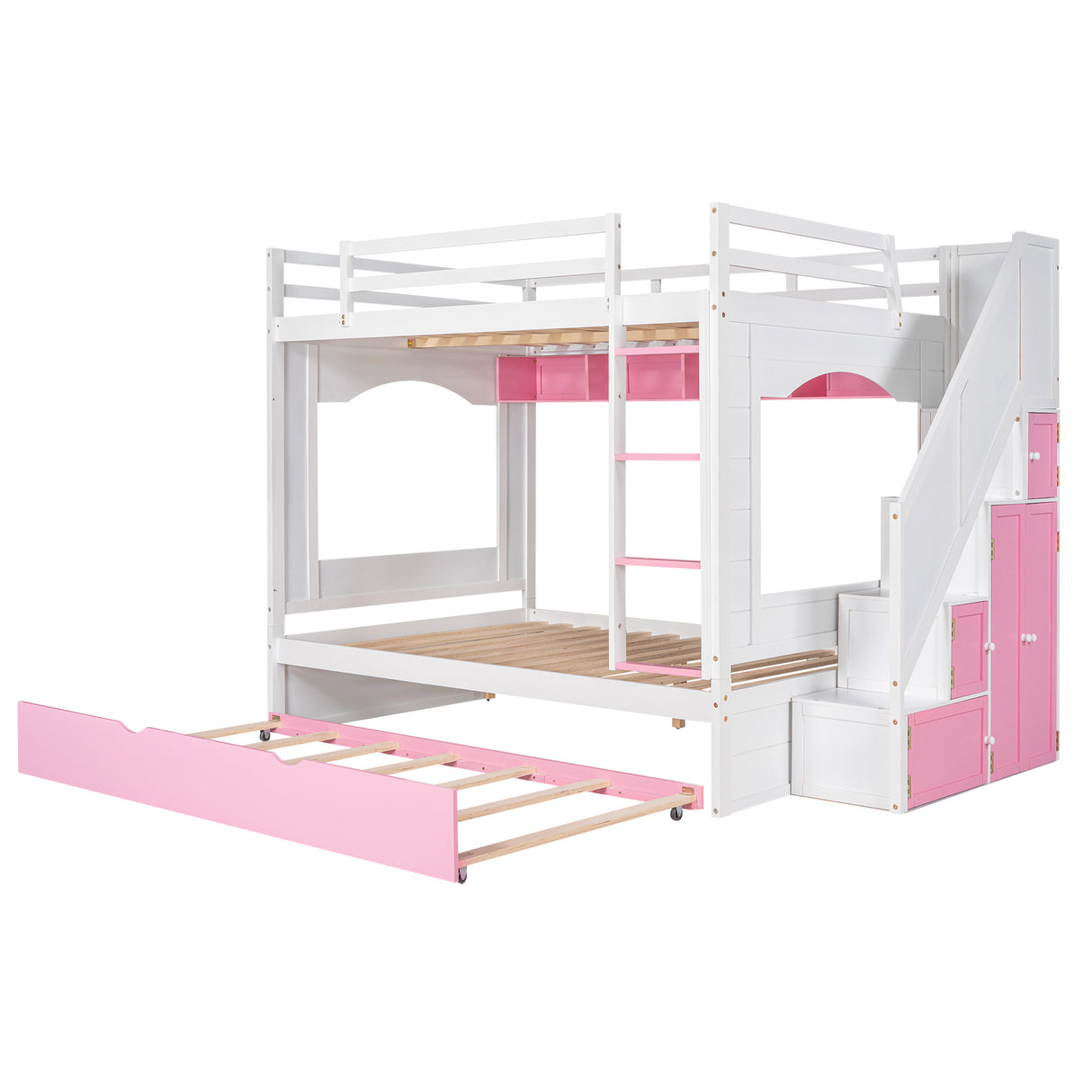 Full Over Full Bunk Bed with Trundle ,Stairs,Ladders Solid Wood Bunk bed with Storage Cabinet （White + Pink） - Home Elegance USA